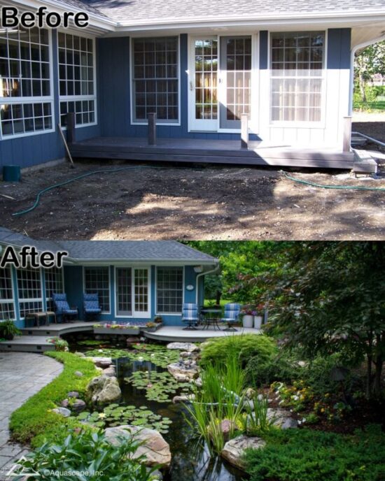 Before and after of a Hybrid Pond built by Clarity Ponds on a residential