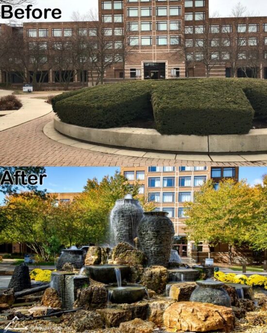 before and after of the construction of a water fountain located in a commercial property