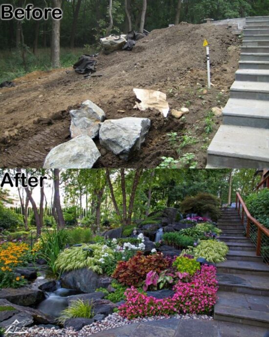 before and after of a pondless waterfall built by Clarity Ponds