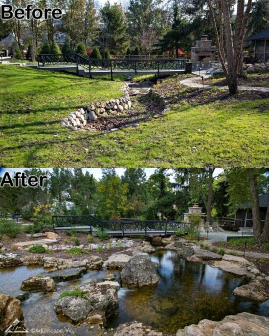 Pond with bridge before and after