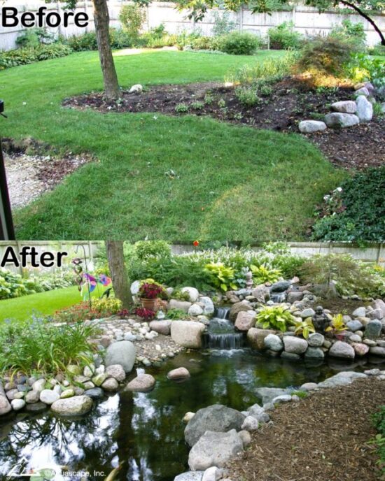 Before & after small ecosystem pond and waterfall project