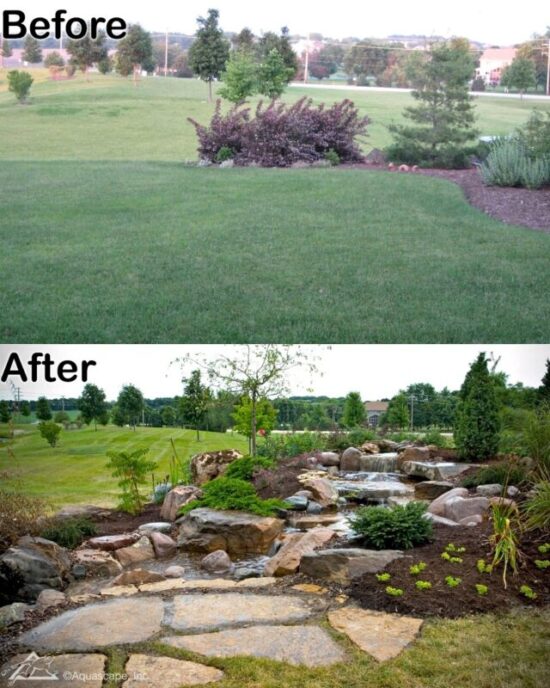 before and after of a waterfall built by Clarity Ponds