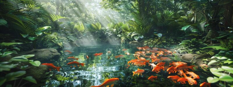 a serene, crystal-clear pond teeming with vibrant fish beneath the shimmering surface, surrounded by lush greenery, showcasing an idyllic ecosystem ready for thriving aquatic life.