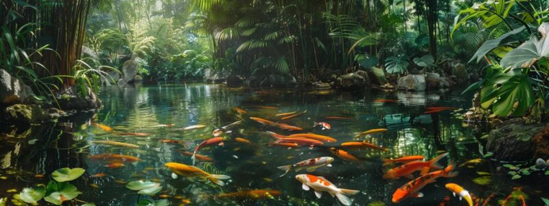 a serene, crystal-clear pond bordered by lush greenery reflects the vibrant colors of koi fish swimming gracefully beneath the surface, symbolizing the expertise of eco-friendly pond cleaning services in st. louis.