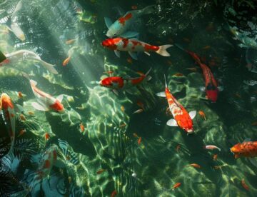 a serene garden pond teeming with vibrant koi fish glides beneath rippling crystal-clear water, framed by lush greenery and pristine decorative features, highlighting the importance of regular maintenance for aquatic health.