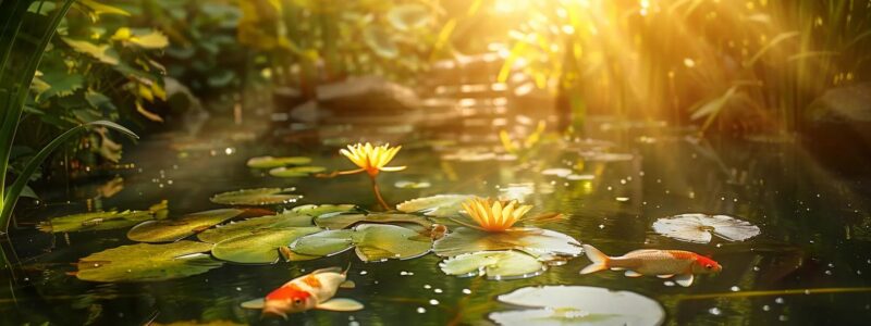 a serene pond glistens under golden sunlight, showcasing vibrant water lilies and fish swimming gracefully, symbolizing the pristine ecosystem fostered by expert aeration services.