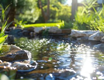 a serene st. louis pond glistens under the bright sun, showcasing crystal-clear water surrounded by lush green foliage, symbolizing effective algae control strategies and natural water health maintenance.
