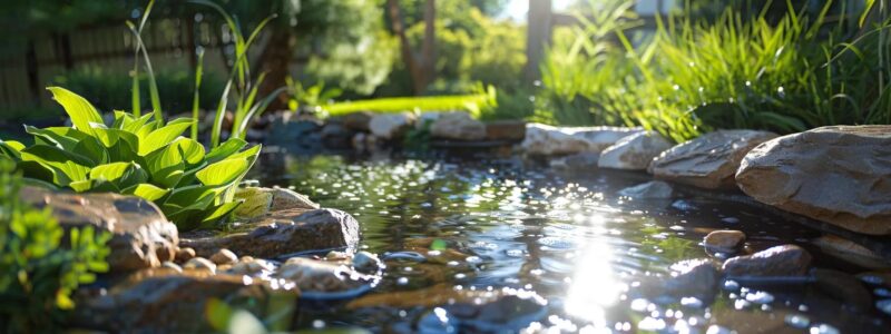 a serene st. louis pond glistens under the bright sun, showcasing crystal-clear water surrounded by lush green foliage, symbolizing effective algae control strategies and natural water health maintenance.
