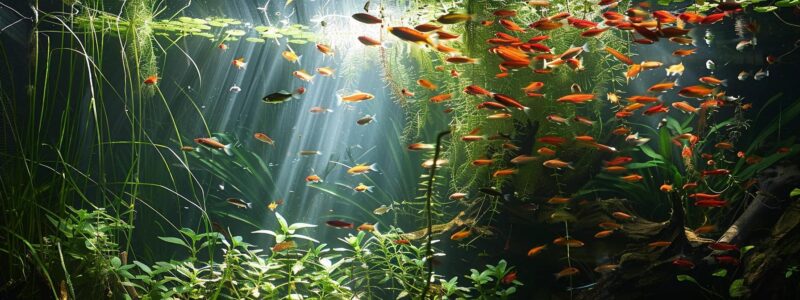 a tranquil st. louis pond, revitalized and crystal clear, showcases vibrant aquatic plants and healthy fish alongside a newly repaired liner, reflecting the harmony of a restored ecosystem.