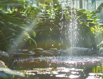 a serene pond glistens under the warm sunlight, framed by lush greenery, with pristine filters and sparkling fountains showcasing the importance of meticulous maintenance for vibrant aquatic life.